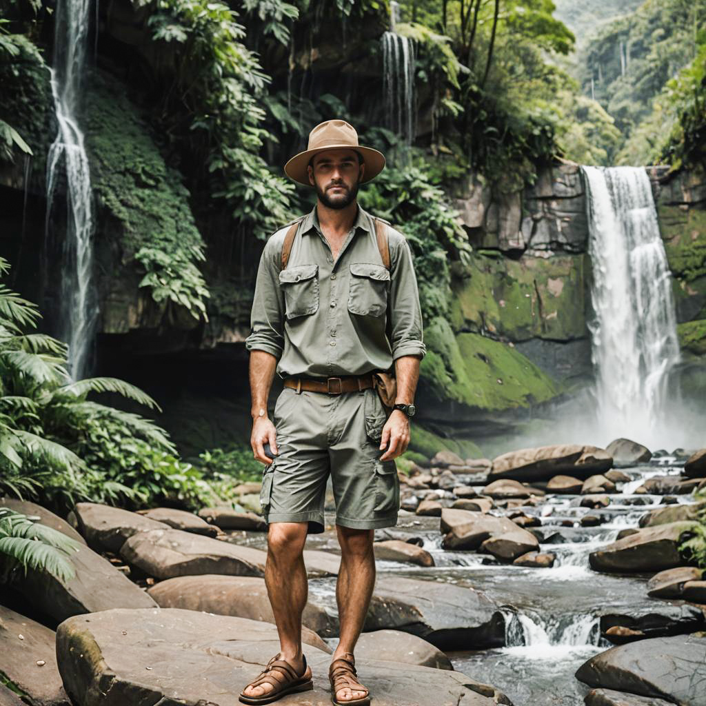 Stocky Adventurer at a Scenic Waterfall