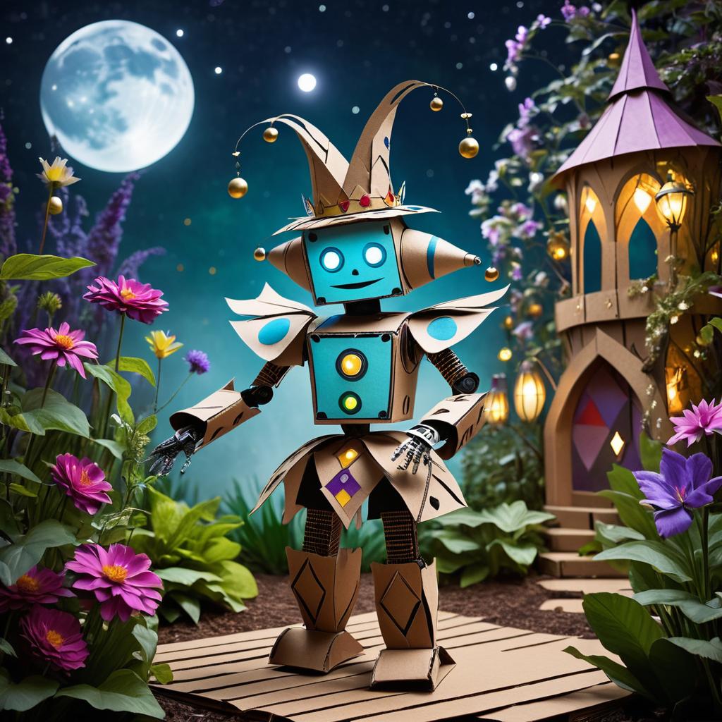 Whimsical Robot Jester in Moonlit Garden