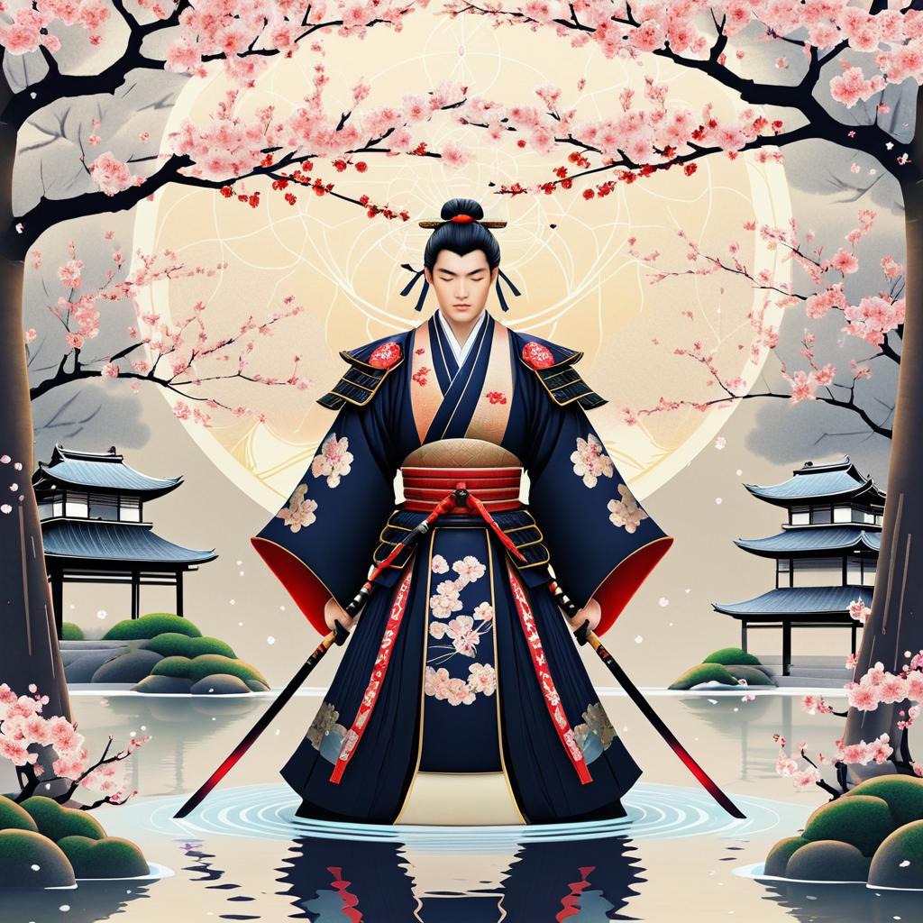 Ethereal Samurai in Cherry Blossom Garden