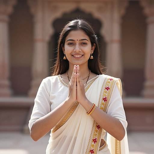 Photograph of a smiling Indian woman with long dark hair, wearing a white sari with gold and red embroidery, hands in prayer position, standing in