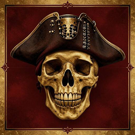 Digital illustration of a gold skull wearing a detailed black pirate hat with a skull emblem, against a maroon textured background with a gold border.