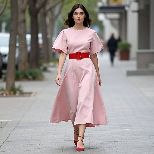 Photograph of a woman with pale skin and dark hair, wearing a pink dress with red belt and red shoes, walking confidently down a city street lined