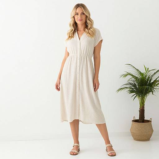 Blonde Woman in Minimalist Beige Dress
