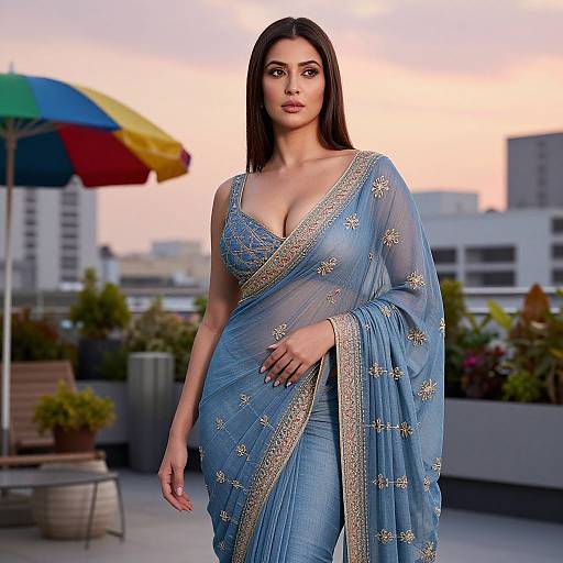 Photograph of an attractive South Asian woman with long black hair, wearing a blue, gold-embroidered sari, standing on a rooftop at