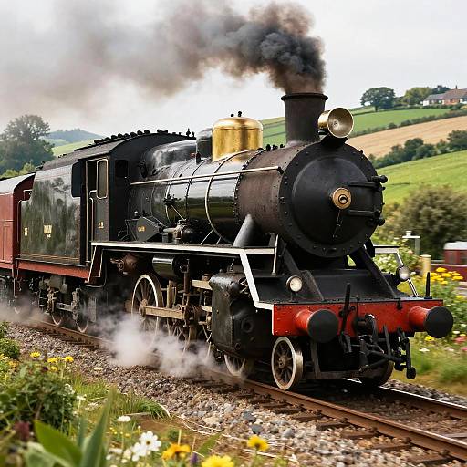 Photograph of a vintage black steam locomotive with white wheels and red accents, emitting smoke, traveling through a lush, green countryside with hills and wild