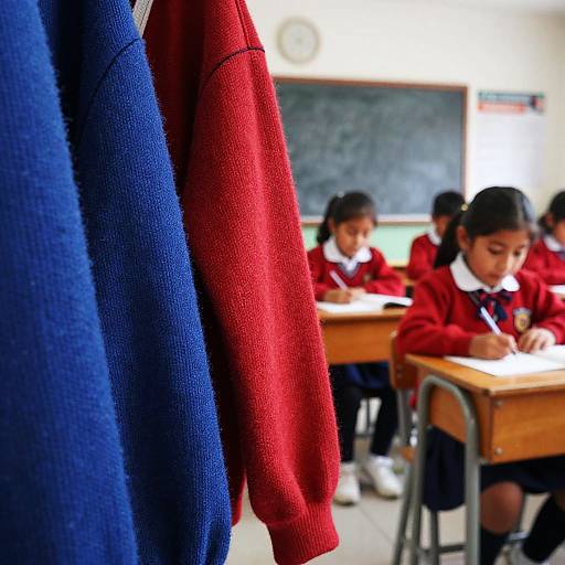 Photograph of a classroom with Indian girls in red uniforms writing at desks, focused foreground showing blue and red sweaters hanging.