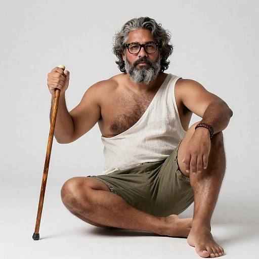 Seated Mature Traveler with Walking Stick