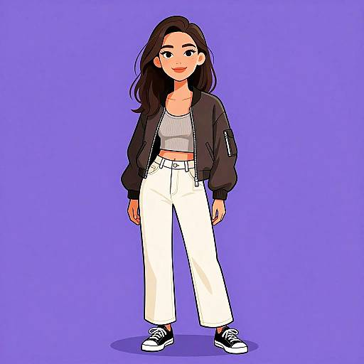 Digital illustration of a young woman with long dark hair, wearing a black jacket, white crop top, white high-waisted pants, and black sneakers