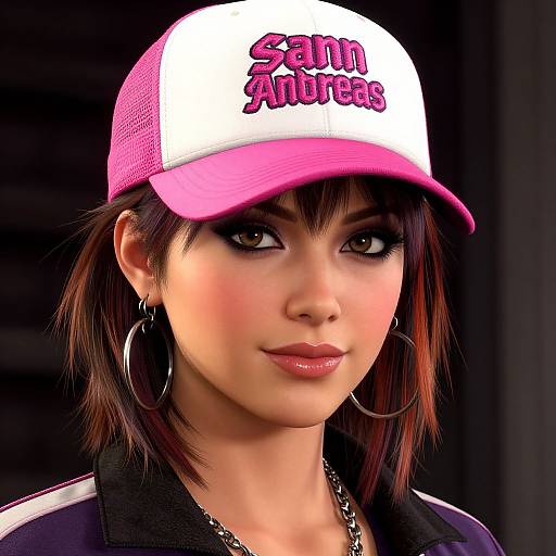 Digital portrait of an Asian woman with dark brown hair, pink and white 