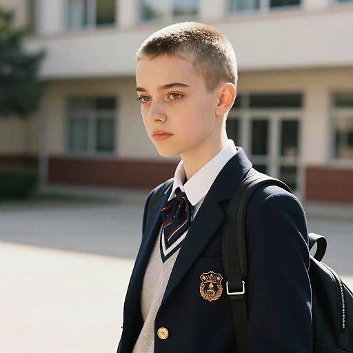Photograph of a young, fair-skinned boy with short, buzz-cut brown hair, wearing a navy school blazer, striped tie, and backpack