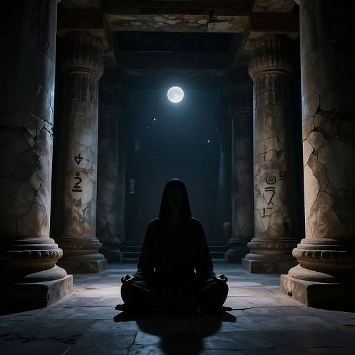 Silhouetted figure meditating in a dimly lit, ancient temple with cracked columns, moonlight illuminating the background through a dark doorway.