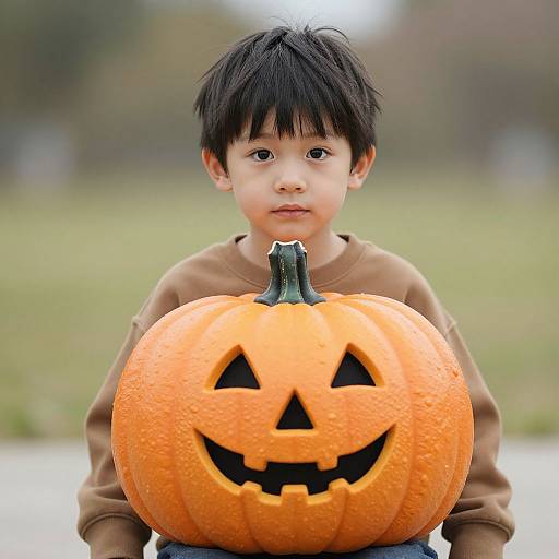 Photograph of an East Asian boy with black hair, wearing a brown sweater, holding a carved, orange jack-o'-lantern with a smiling face