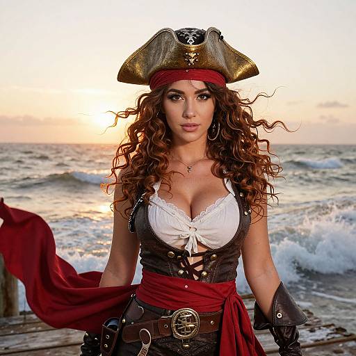 Photograph of a curly-haired woman in a pirate costume with a gold tricorn hat, white lace bustier, and red sash, standing on
