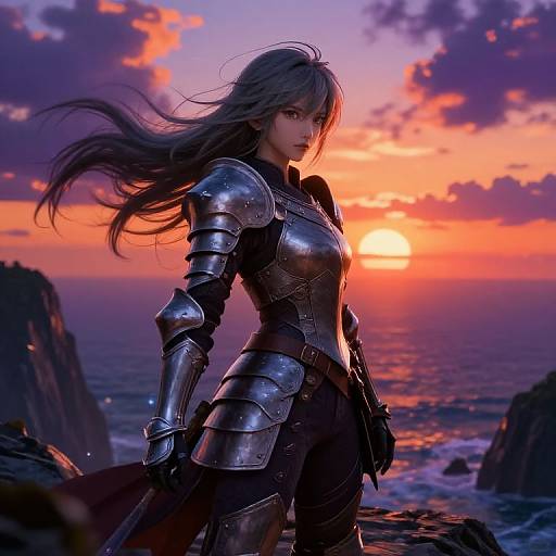Digital artwork of a strong, armored woman with flowing hair standing on a rocky cliff at sunset, ocean waves in background, vibrant orange and purple sky.
