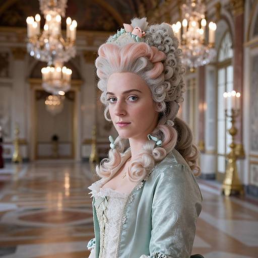 Digital art of a young woman with elaborate 18th-century pastel pink and white powdered wig, wearing a light blue satin dress, standing in an