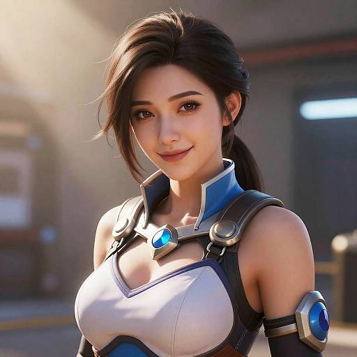 CGI image of a smiling, dark-haired, Asian woman with blue gem accents on her armored, white and blue top, set against a sunlit
