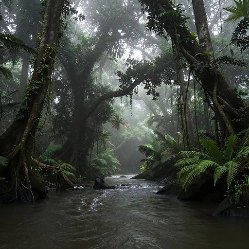 Photograph of a dense, misty jungle with towering trees, lush ferns, and a flowing, dark river in the foreground.