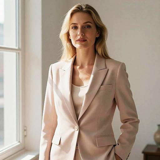 Photograph of a blonde woman with light skin, wearing a beige blazer and matching top, standing in a sunlit room.