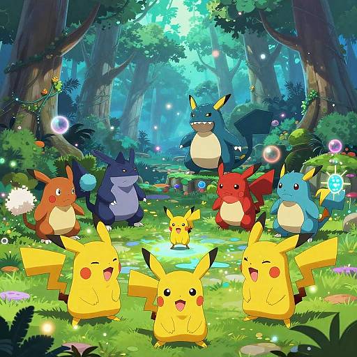 Colorful forest scene with six Pokémon (Pikachu, Raichu, Totodile, Croconaw, Cyndaquil, Chik