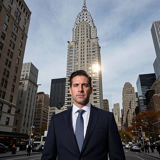 Photograph of a serious, dark-haired man in a black suit and blue tie standing in front of the Milwaukee City Hall tower in a bustling urban street