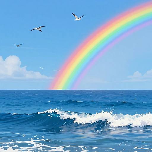 Digital artwork of a vibrant rainbow arching over a blue ocean with white-capped waves, three birds flying, and a clear sky.