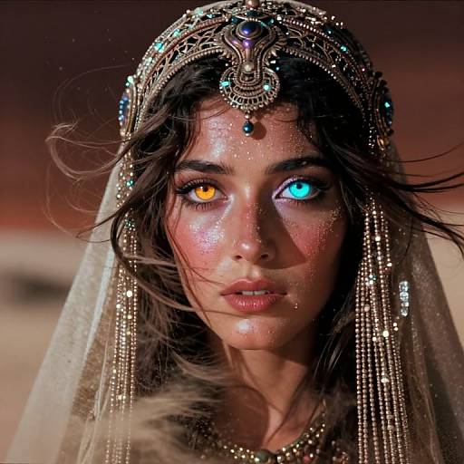 Photorealistic digital portrait of a woman with dark, wavy hair, wearing a jeweled headpiece and veil, having heterochromatic eyes (