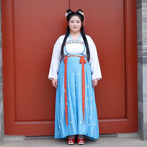 Photograph of an East Asian woman in traditional blue hanbok with white sleeves, red ribbon, black hair buns, red shoes, standing in