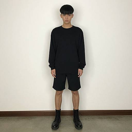 Photograph of an Asian male with short black hair, wearing a black long-sleeve shirt, black shorts, and black platform shoes, standing against