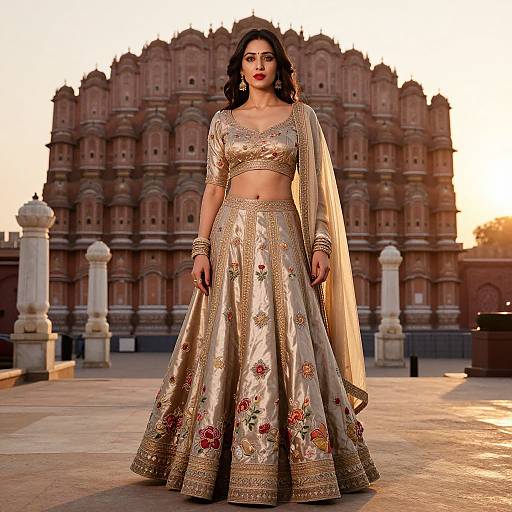 Photograph of a beautiful Indian woman in a gold and floral embroidered lehenga and crop top, standing in front of a historic red sandstone palace at