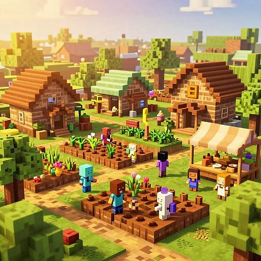 Pixel art scene of a vibrant village garden with blocky, Minecraft-style houses, colorful characters planting flowers, and a sunny sky.