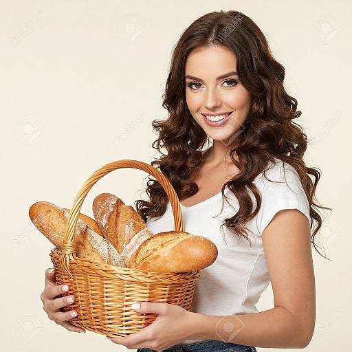 Photograph of a smiling brunette woman with wavy hair, wearing a white shirt, holding a basket of freshly baked baguettes.
