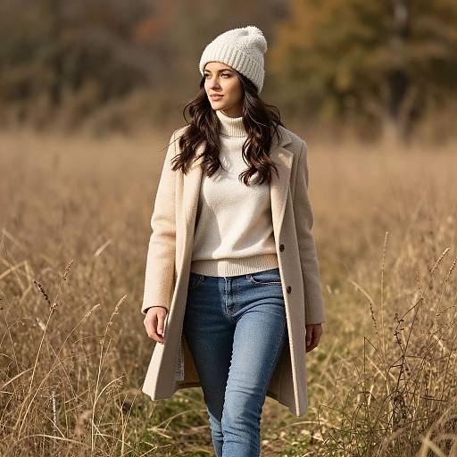 Young Woman Walking in Autumn Field