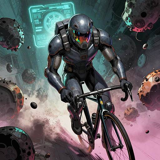 Digital art: Cybernetic astronaut in glossy black armor and helmet, riding a bicycle through a chaotic, neon-lit asteroid field. Dynamic, colorful