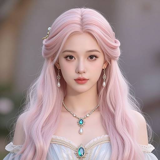 Digital art of a young woman with long, pastel pink hair, wearing an off-shoulder white dress, turquoise necklace, and earrings, with