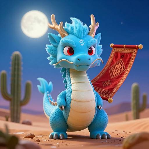 Cute CGI blue dragon with red eyes, small horns, and a red banner stands in a desert under a full moon.