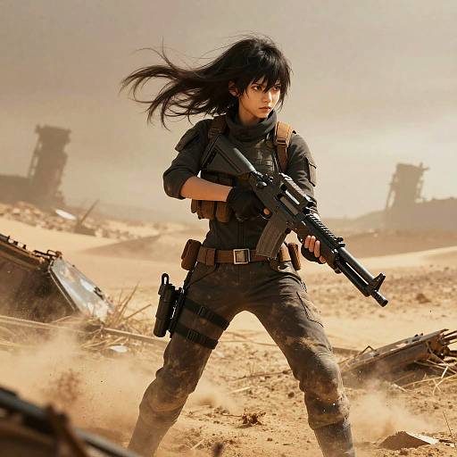 Digital artwork of an intense, black-haired female soldier with long hair, holding a rifle, in a dusty, war-torn desert landscape.