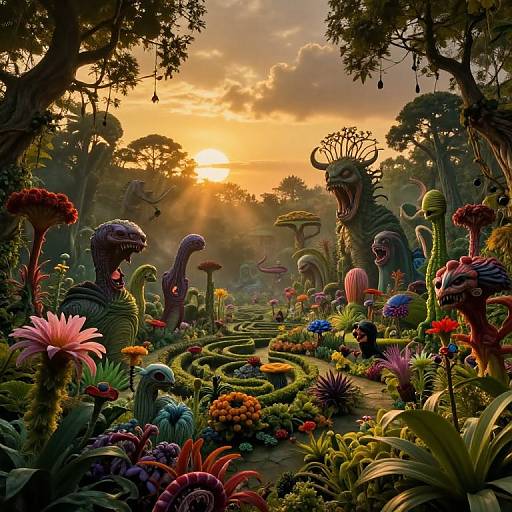 Vibrant, surreal CGI garden scene at sunset, featuring colorful, alien-like plants and creatures, winding path, dramatic sky, and towering, menacing