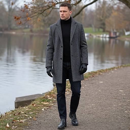 Photograph of a serious, short-haired white man in a black coat, turtleneck, black pants, and gloves, walking by a serene lake