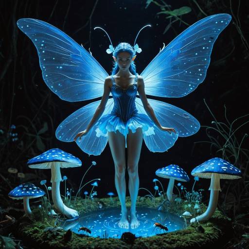 Blue Fairy with Translucent Wings in Mushroom Ring Blue Fairy with Translucent Wings in Mushroom Ring
