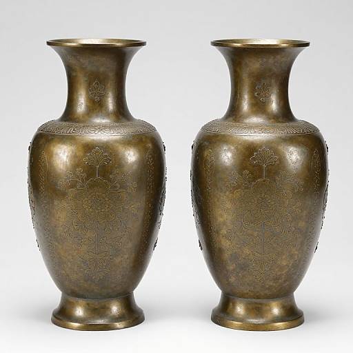 Photograph of two identical bronze vases with intricate floral and geometric patterns, standing side by side on a white background.