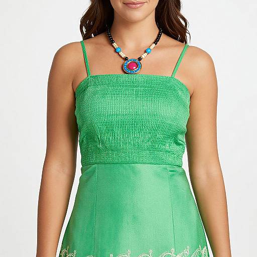 Photograph of a woman with medium brown skin and wavy dark hair, wearing a bright green, lace-trimmed, spaghetti strap dress and a