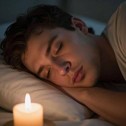 Photograph of a young man with wavy brown hair sleeping on a pillow, illuminated by a glowing candle in the foreground.