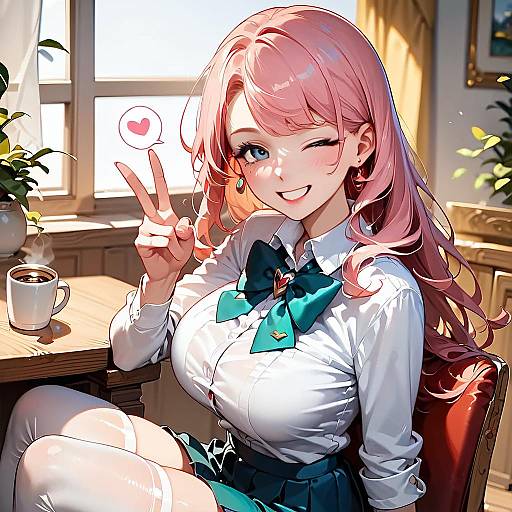 Winking Pink-Haired Schoolgirl in Coffee Shop