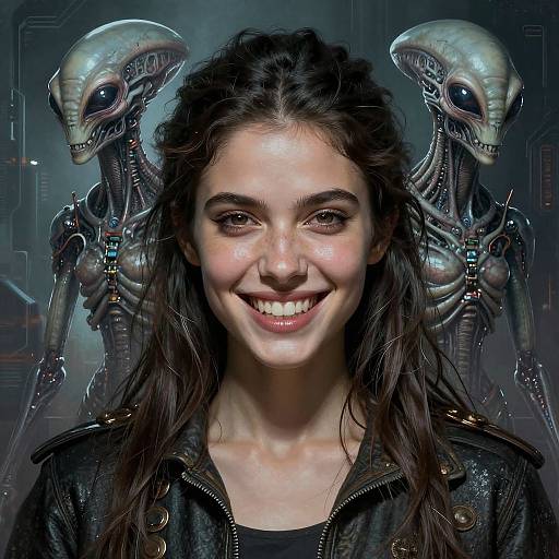 Digital artwork of a smiling young woman with dark hair, wearing a black leather jacket, flanked by two alien creatures with large heads. Sci-fi,
