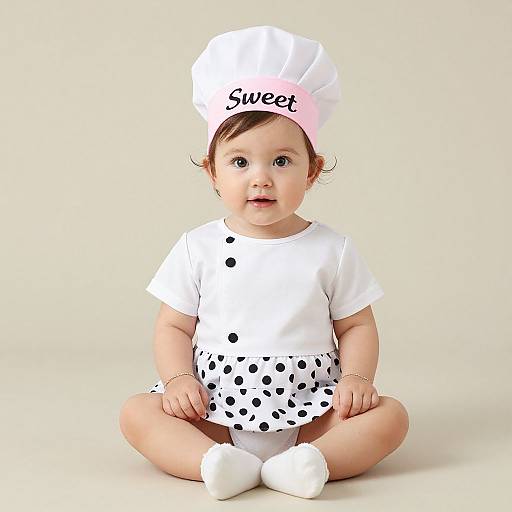 Photograph of a cute baby sitting with legs crossed, wearing a white chef hat labeled 