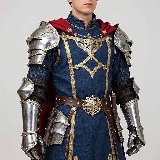 Photograph of a young man in medieval-style armor, wearing a dark blue, gold-embroidered tunic with red cape and brown belt,