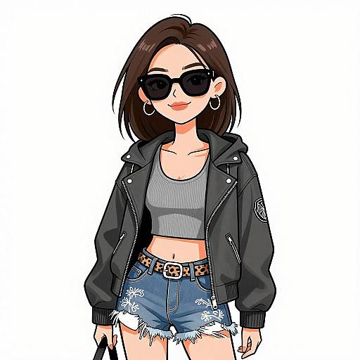 Digital anime-style drawing of a confident woman with black hair, wearing black sunglasses, a black jacket, gray crop top, and distressed denim shorts, smiling
