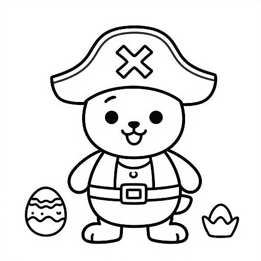 Black and white line drawing of a cute cartoon bear wearing a pirate hat with an 