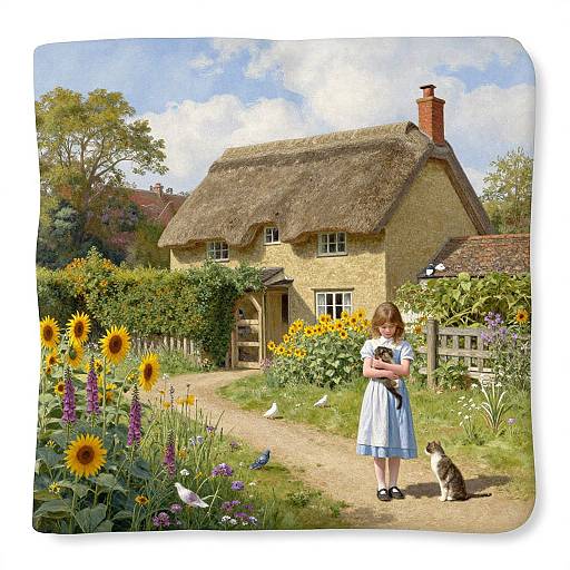 Illustration of a young girl in a white dress, standing on a dirt path, holding a book, next to a thatched cottage with vibrant flowers