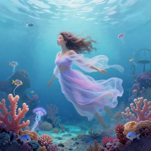 Digital artwork of a floating woman in a translucent, flowing white dress surrounded by colorful coral reefs and fish underwater.